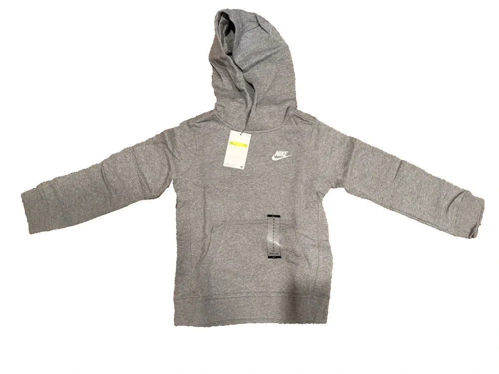 Nike Hoodie Boy Small Gray Pullover Fleece Swoosh Logo BV3757-091 Sweatshirt Kid